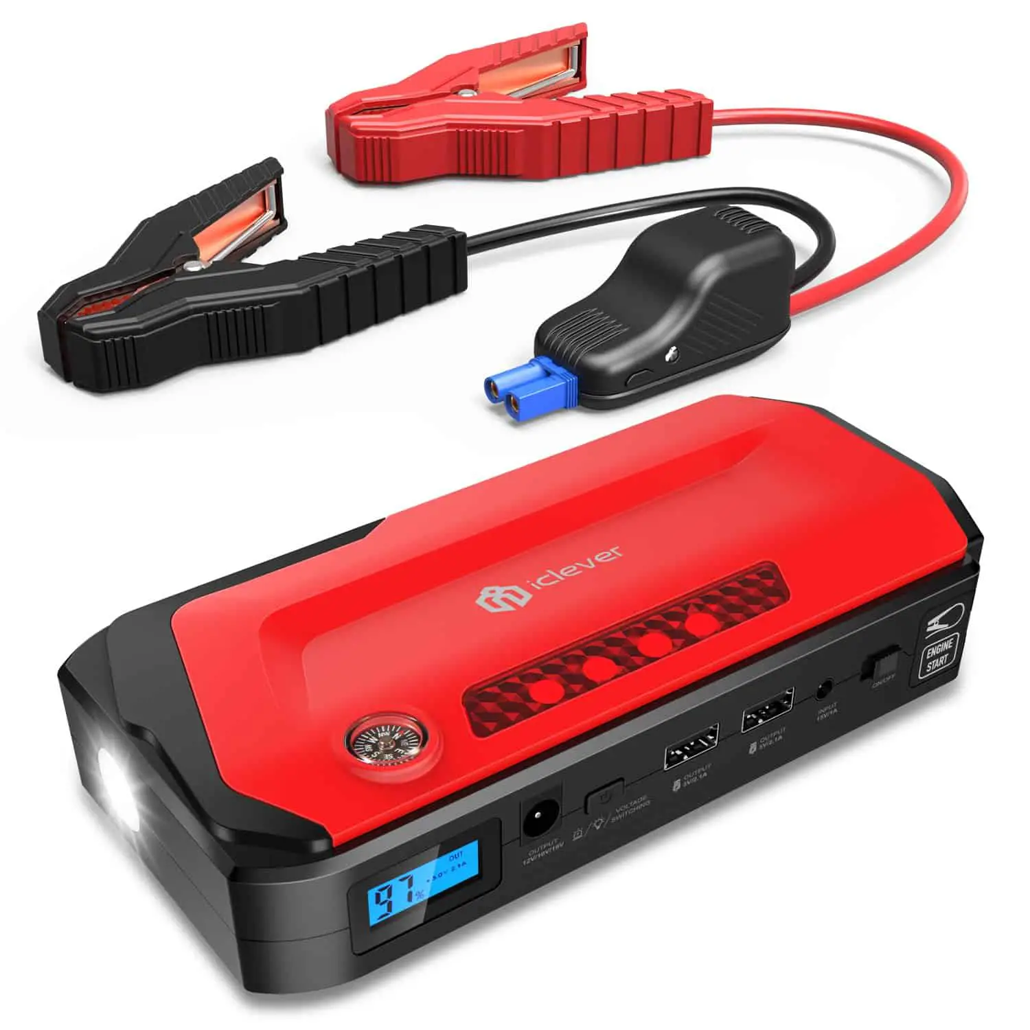 iClever 800A Peak 18000mAh Portable Jump Starter (up to 6.5L Gas Or 5.3L Diesel Engine) Auto Battery Booster, Portable Power Pack with LED Flashlight, Compass