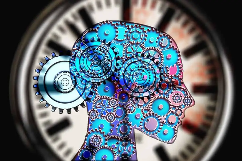 graphics showing a silhouette of a person's head, with machine gears inside and with a clock on its background